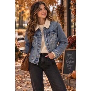 Levis Premium Womens Sherpa Trucker Jacket Medium Wash Denim Blue Size L